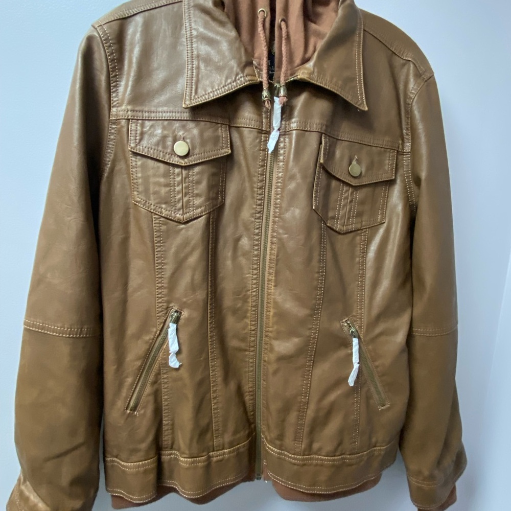 NWT LA Coalition Women's XL Tan Bomber Vegan Cruelty Free Faux Leather Jacket